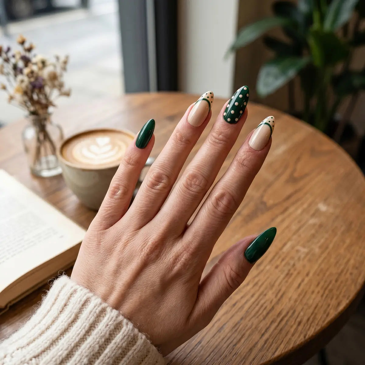 sage green nude french tip almond press on nails polka dot mockup 05