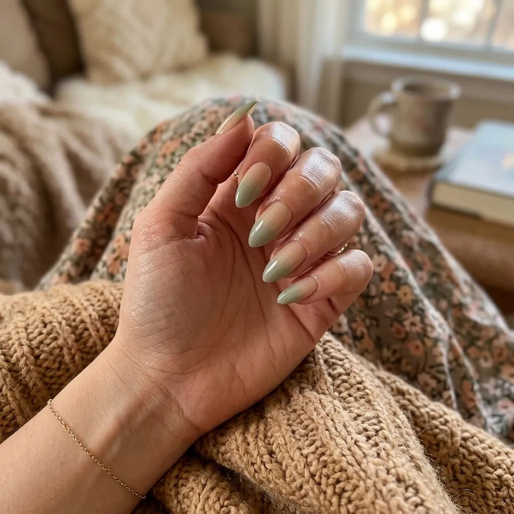 sage green nude ombre almond press on nails detail 01