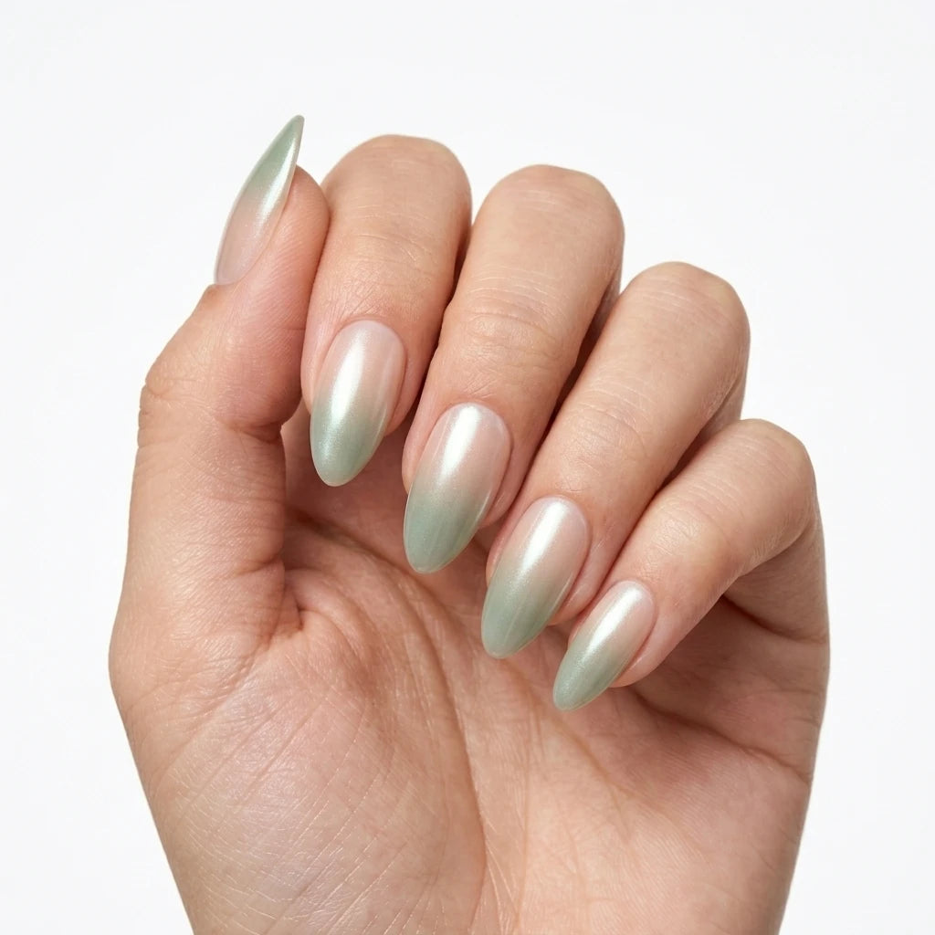 sage green nude ombre almond press on nails detail 02