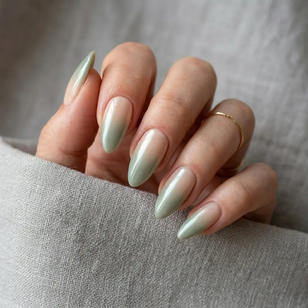 sage green nude ombre almond press on nails detail 03