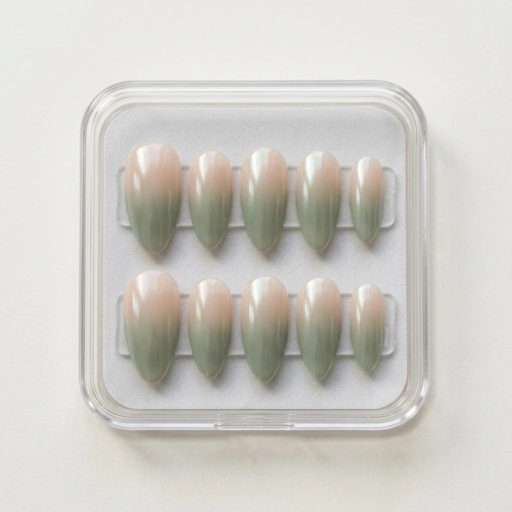sage green nude ombre almond press on nails detail 04