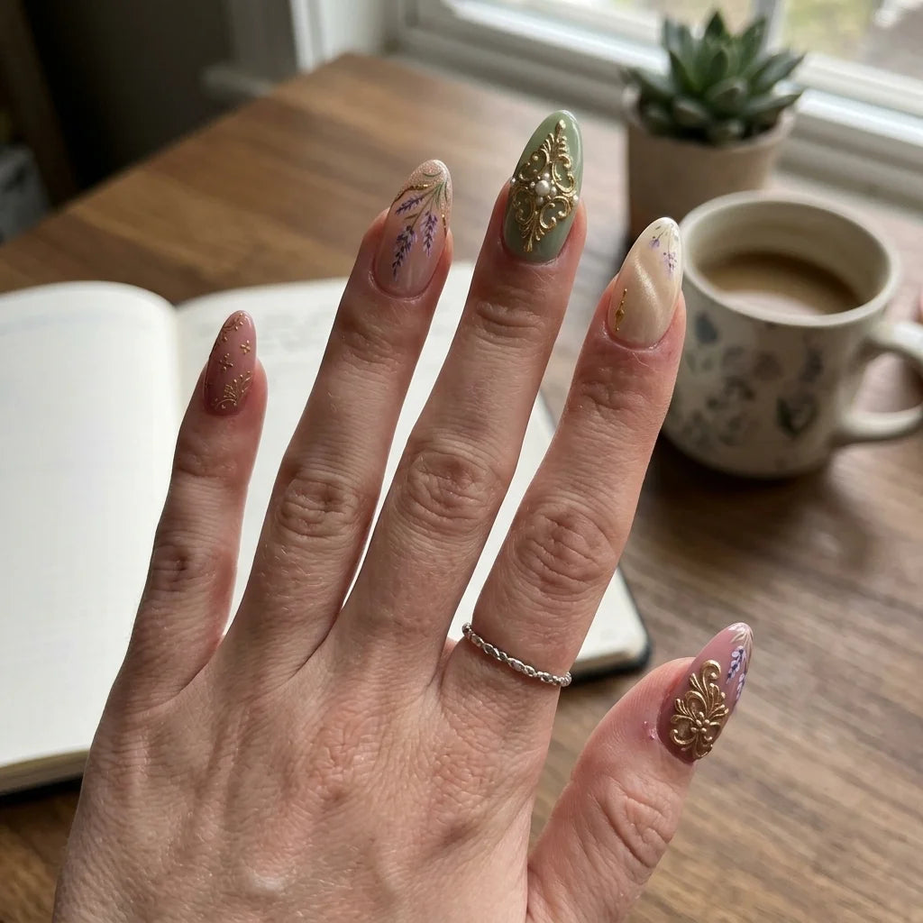 sage green pink 3d almond medium press on nails filigree flat lay 01