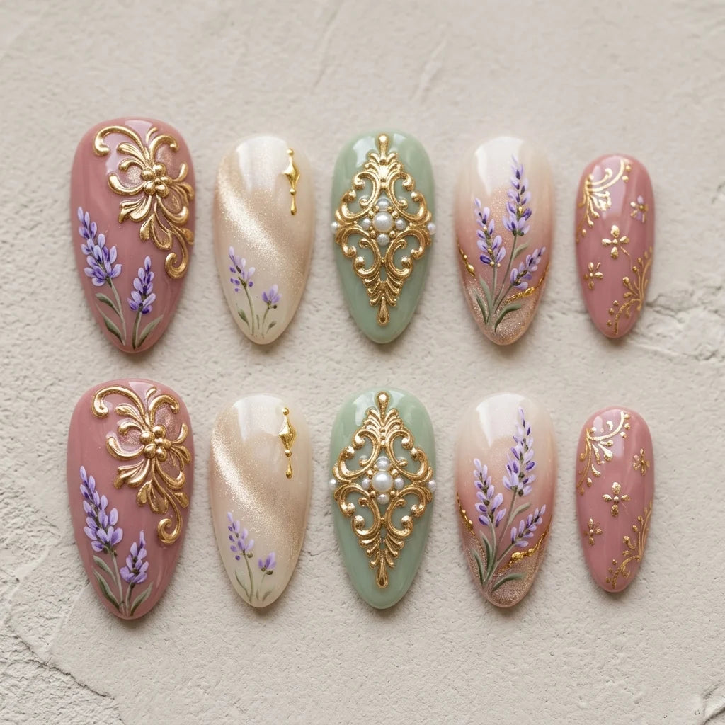 sage green pink 3d almond medium press on nails filigree mockup 01