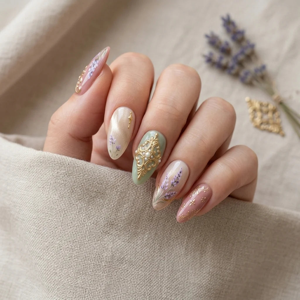 sage green pink 3d almond medium press on nails filigree mockup 02