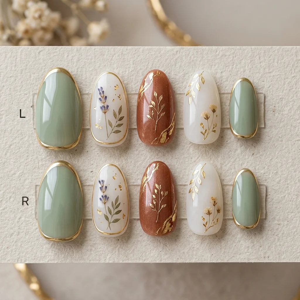 sage green terracotta almond medium press on nails botanical flat lay 01