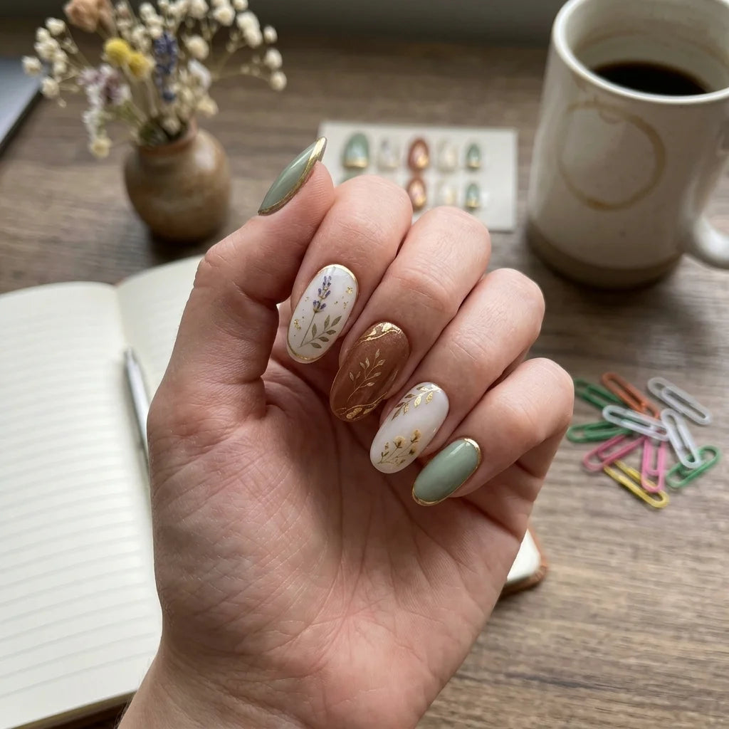 sage green terracotta almond medium press on nails botanical mockup 02
