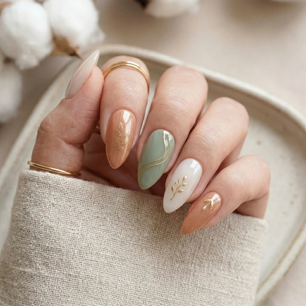sage green terracotta almond medium press on nails gold lines flat lay 01