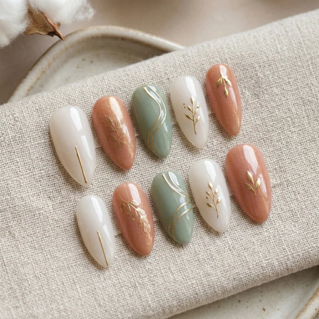sage green terracotta almond medium press on nails gold lines mockup 01
