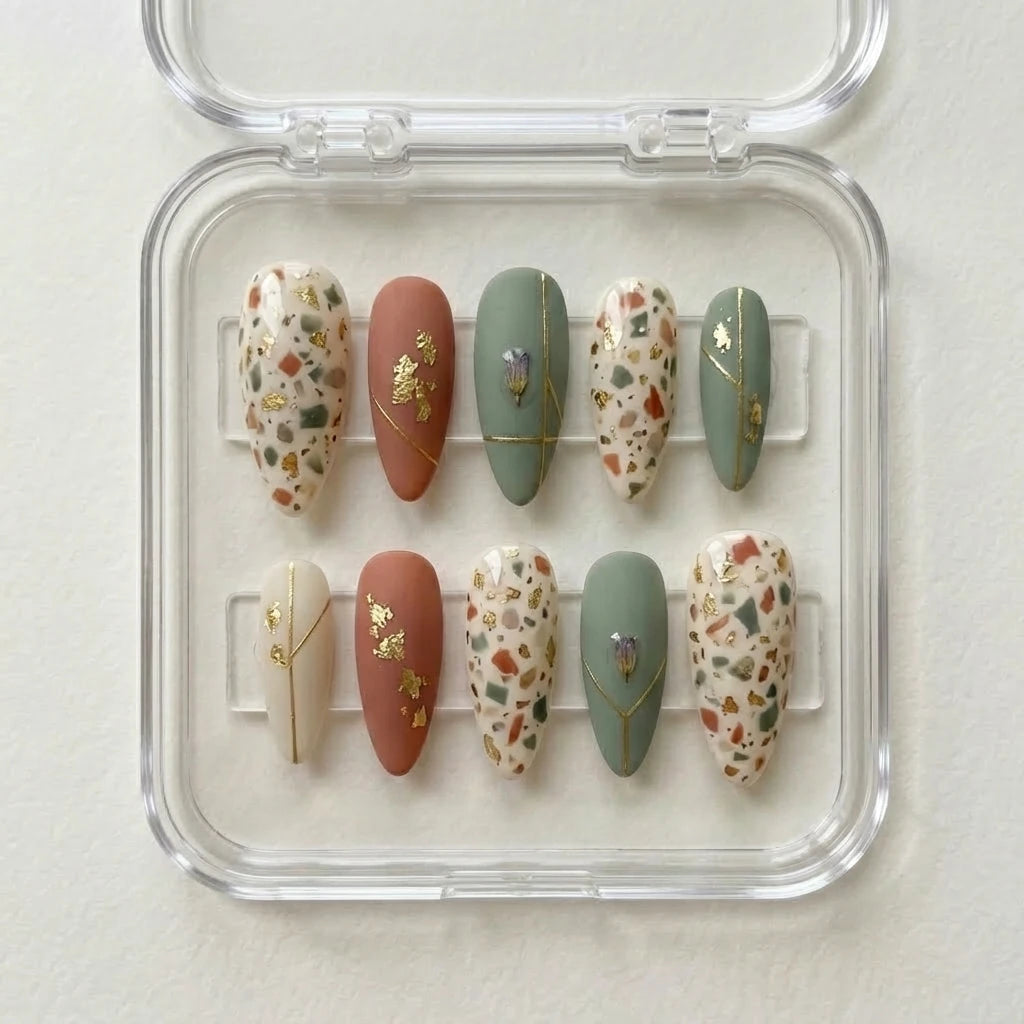 sage green terracotta matte almond press on nails terrazzo gold flake lifestyle 01