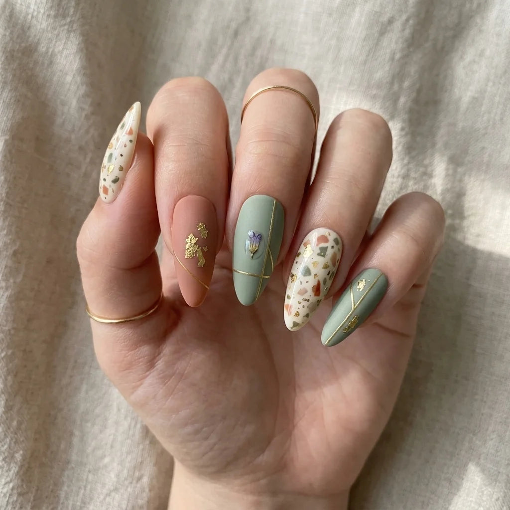 sage green terracotta matte almond press on nails terrazzo gold flake mockup 01