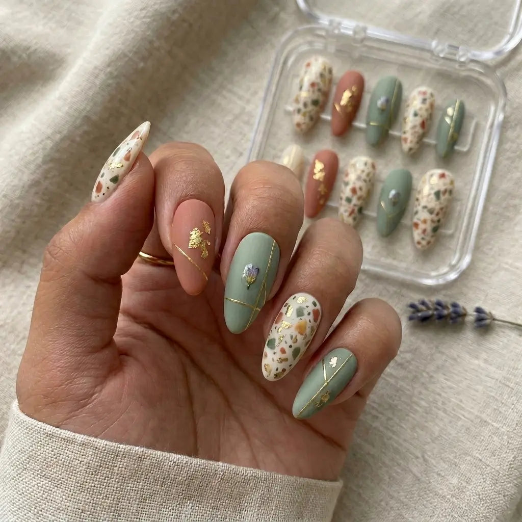 sage green terracotta matte almond press on nails terrazzo gold flake mockup 03