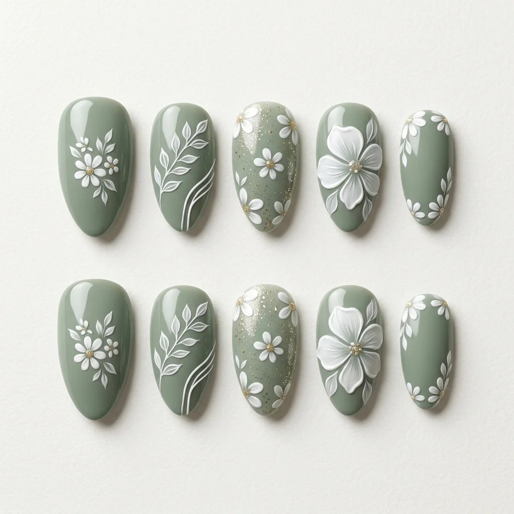 sage green white 3d almond press on nails daisy leaf pearl flat lay 01