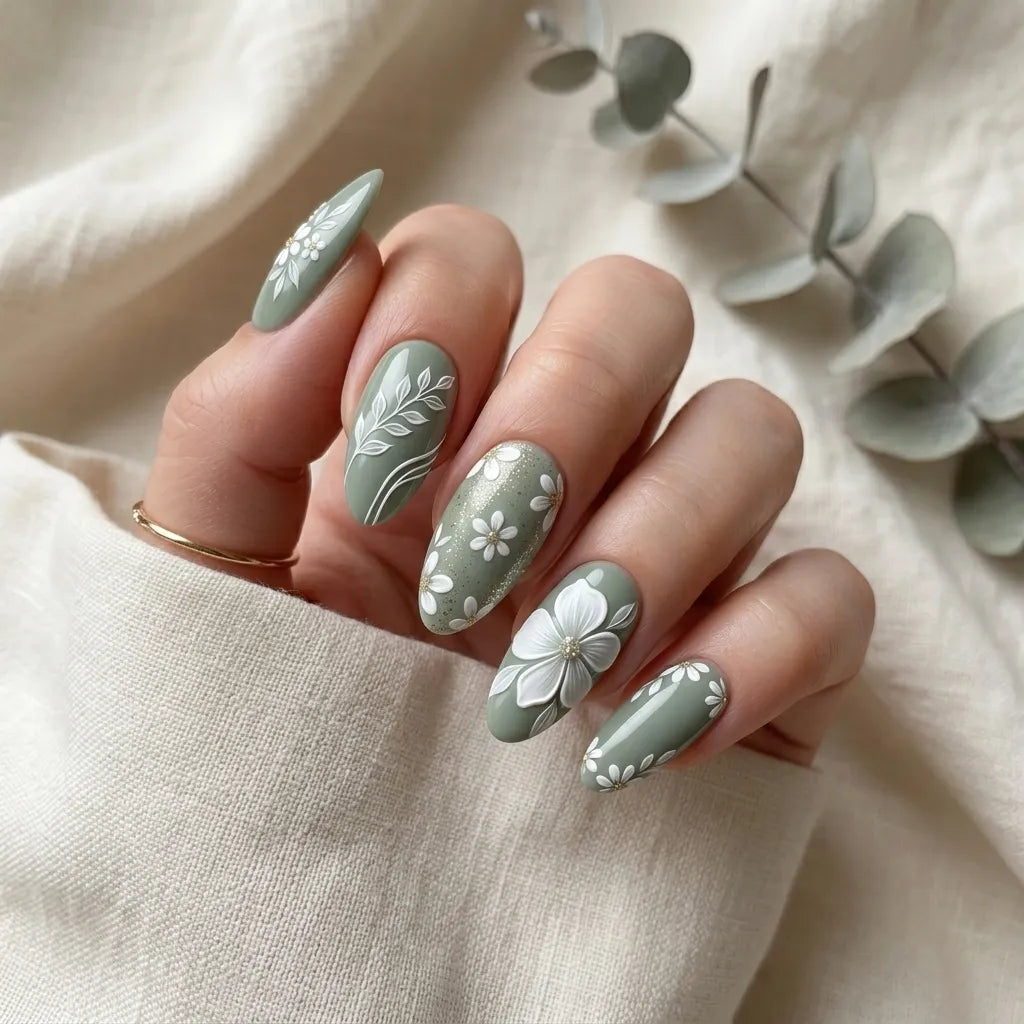 sage green white 3d almond press on nails daisy leaf pearl lifestyle 01
