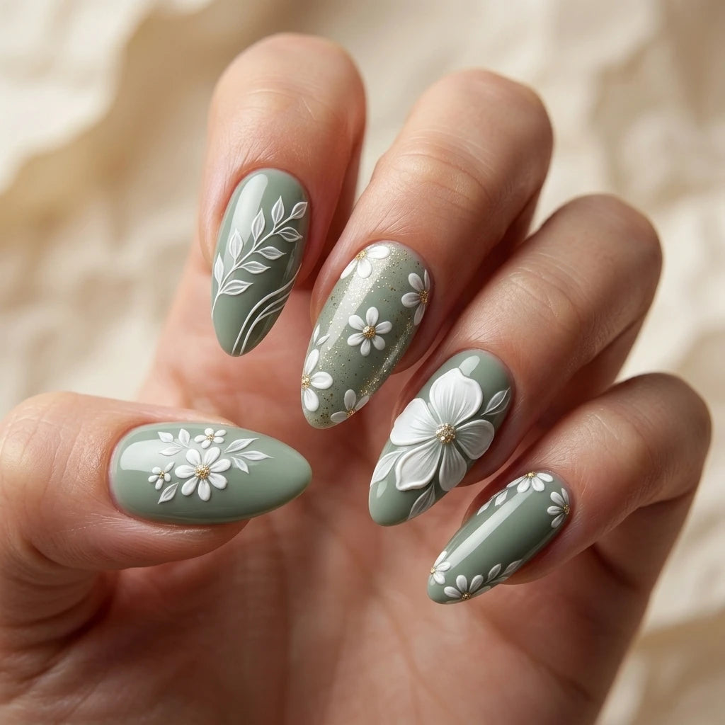sage green white 3d almond press on nails daisy leaf pearl lifestyle 02