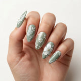 sage green white 3d almond press on nails daisy leaf pearl mockup 01