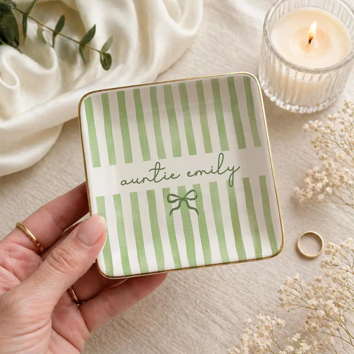 Sage Stripe Custom Names Auntie Ring Dish