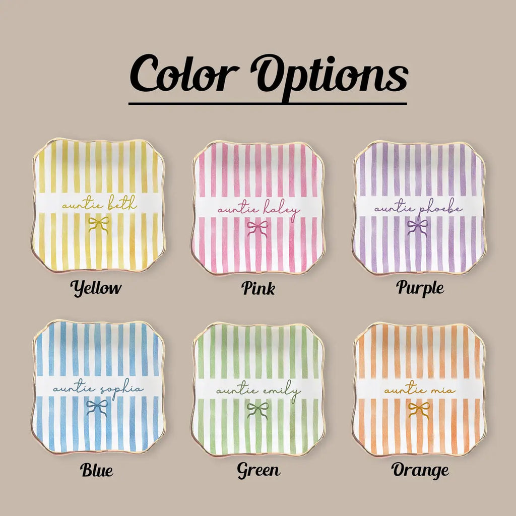 Shape and design options for Sage Stripe Custom Names Auntie Ring Dish