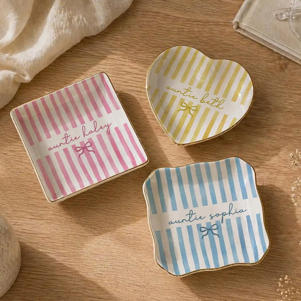 Sage Stripe Custom Names Auntie Ring Dish variant