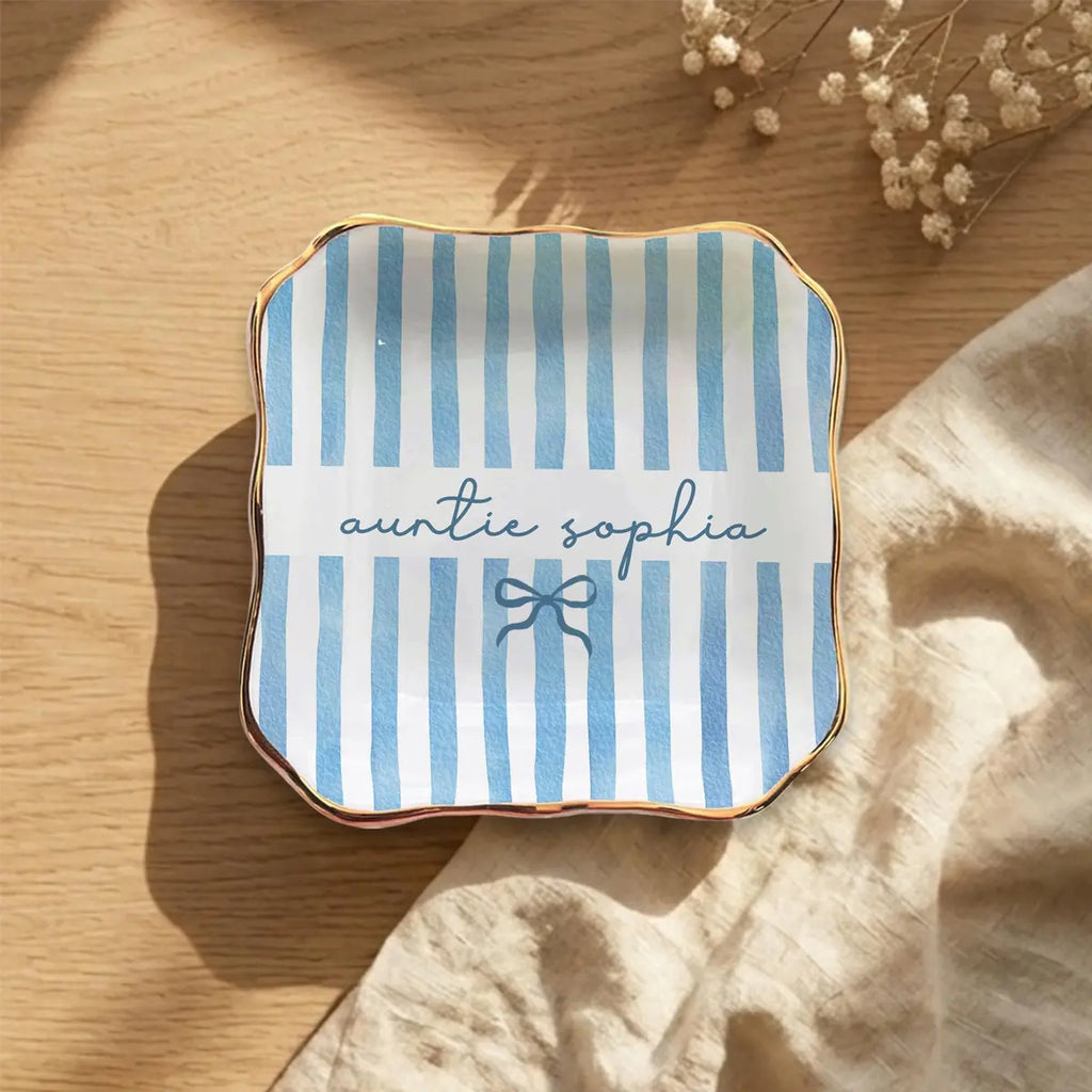 Sage Stripe Custom Names Auntie Ring Dish variant