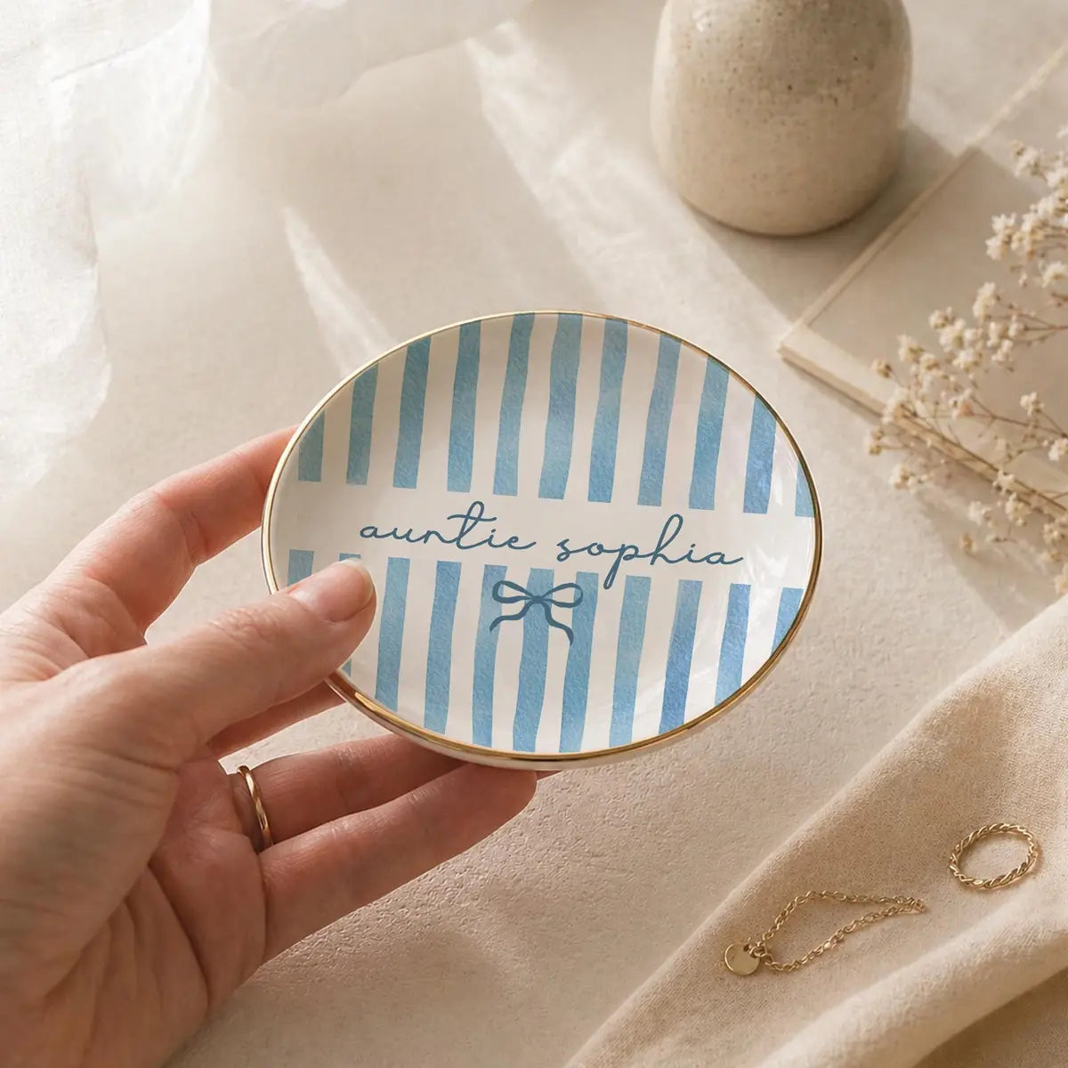 Sage Stripe Custom Names Auntie Ring Dish variant