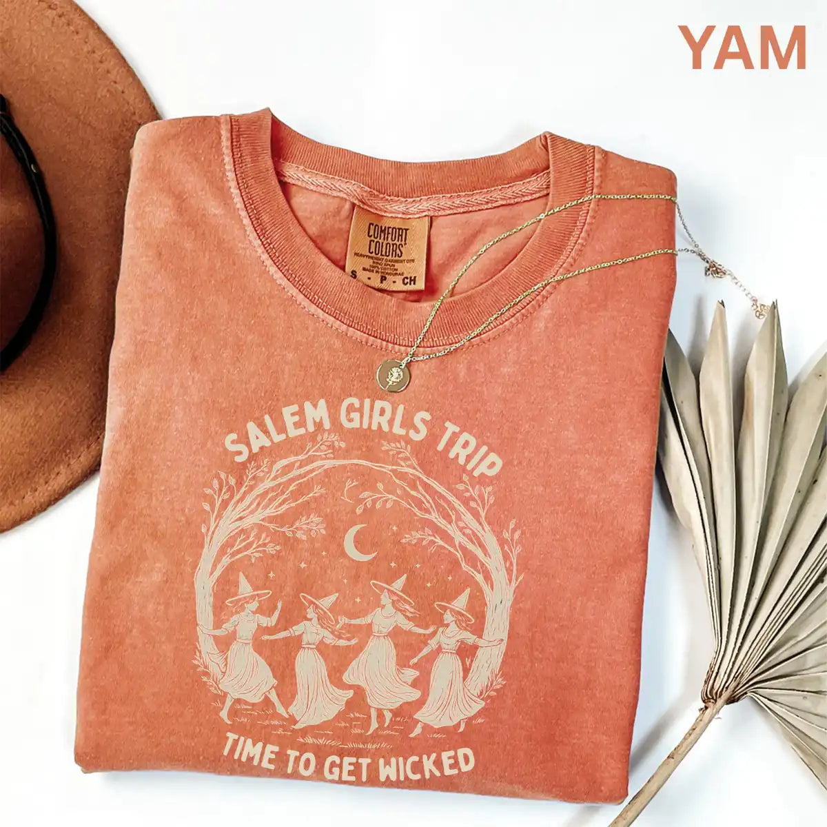 Comfort Colors T-shirt in Yam featuring forest witches graphic