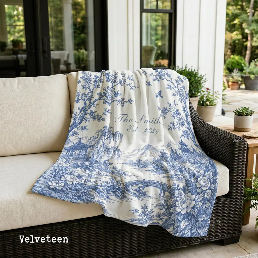 Personalized scenic toile fringe woven blanket with fringe trim