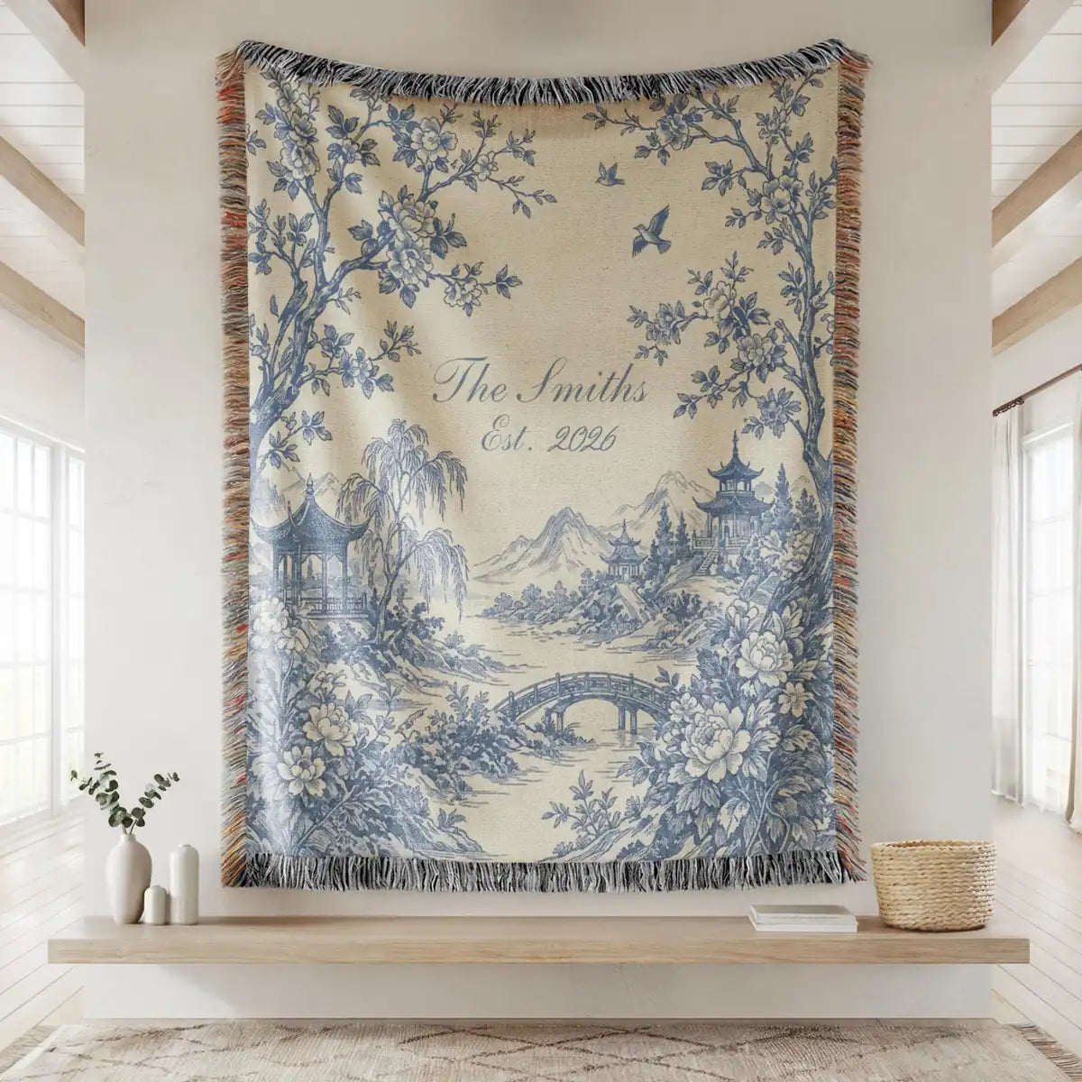 Product information card for the scenic toile fringe woven blanket