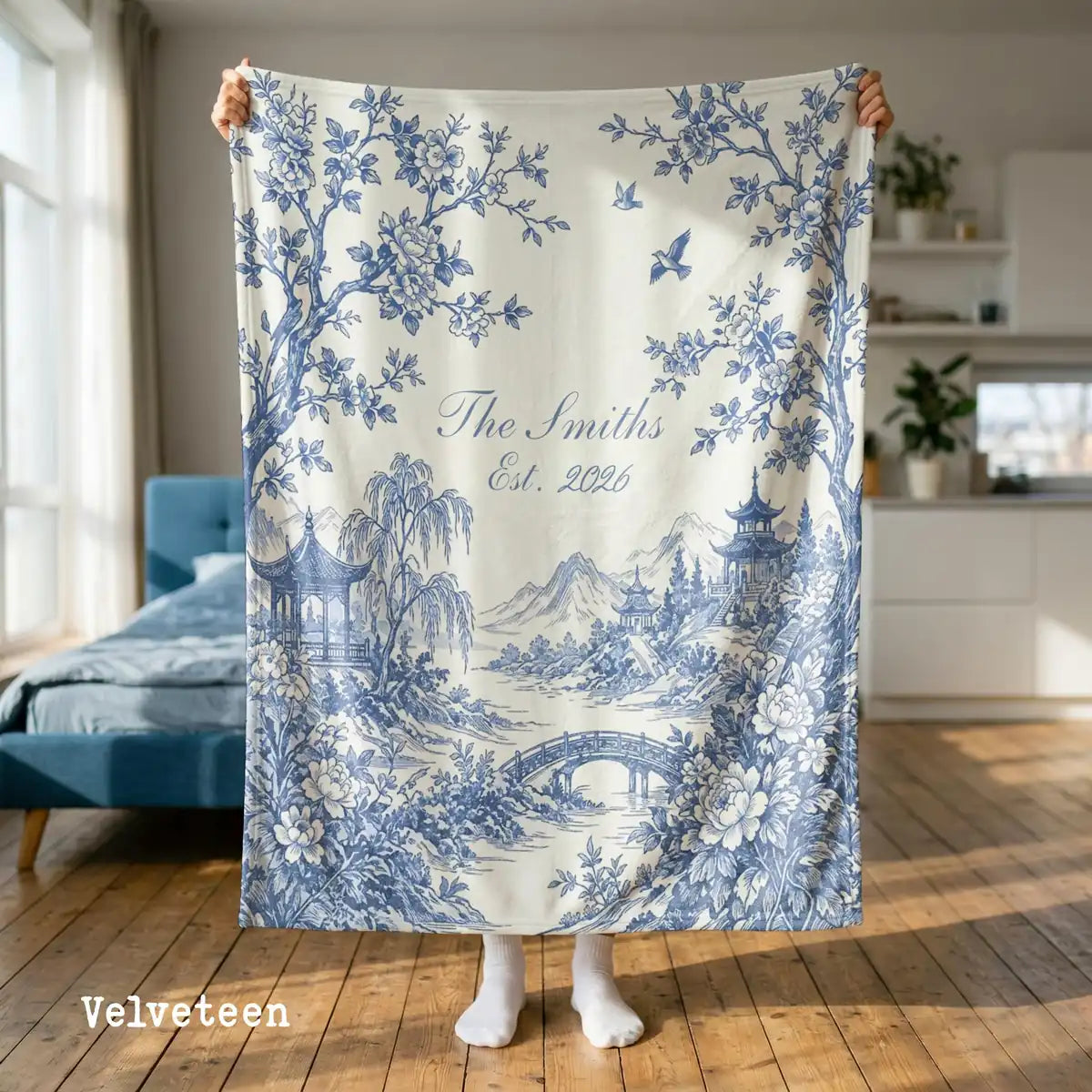 Personalized scenic toile fringe woven blanket shown in a styled room setting