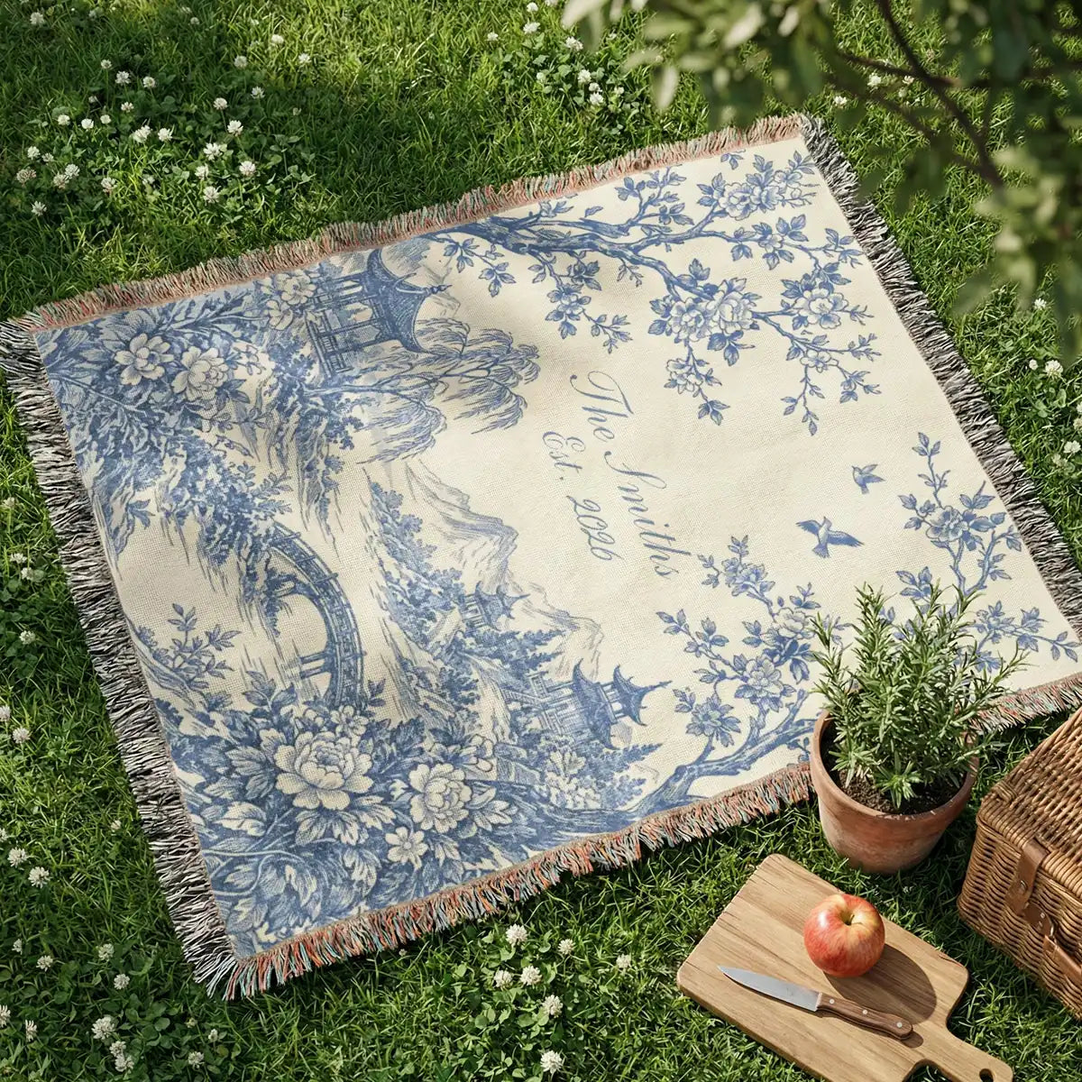 Personalized scenic toile fringe woven blanket shown in a styled room setting