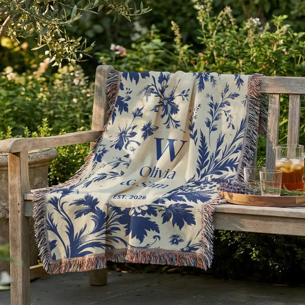 Close-up of the personalized scenic toile woven blanket with monogram and fringe detail