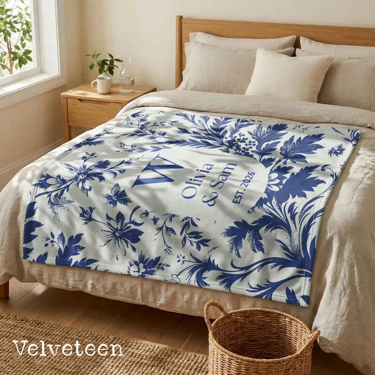 Close-up of the personalized scenic toile woven blanket with monogram and fringe detail