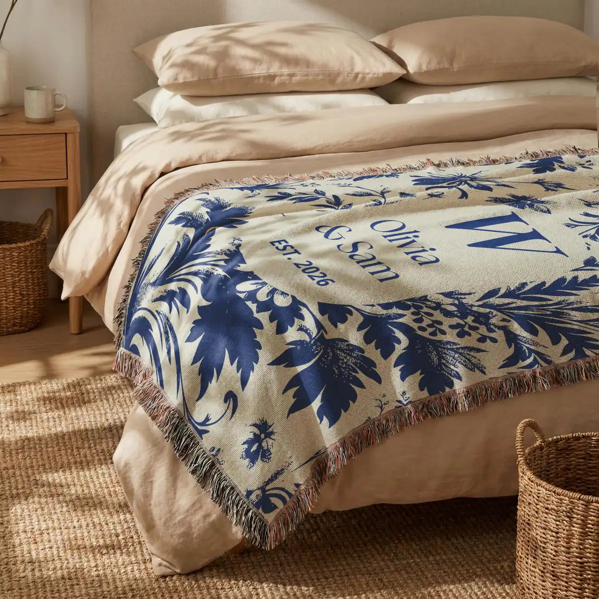 Personalized scenic toile woven blanket with monogram and fringe trim