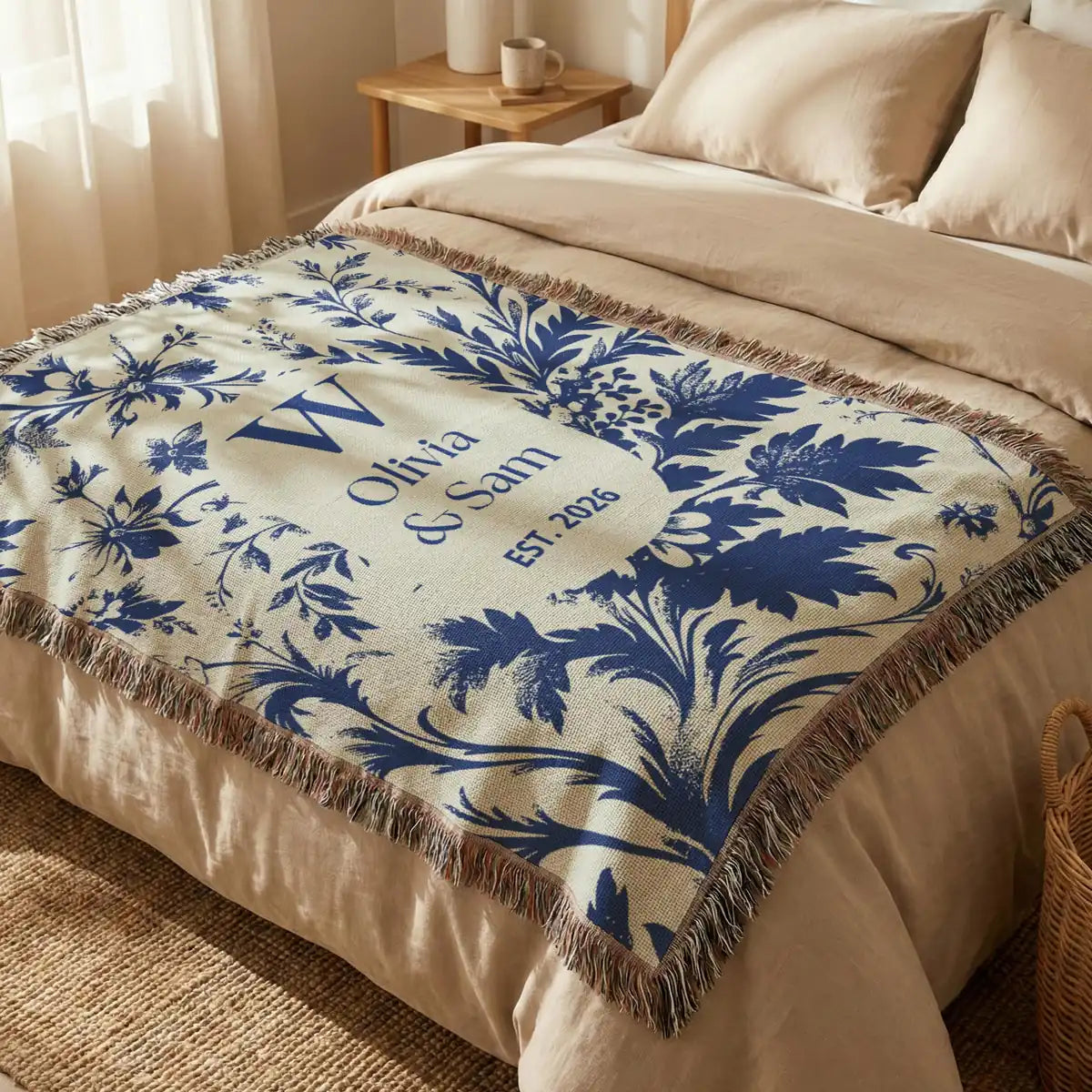 Product information card for the scenic toile woven blanket