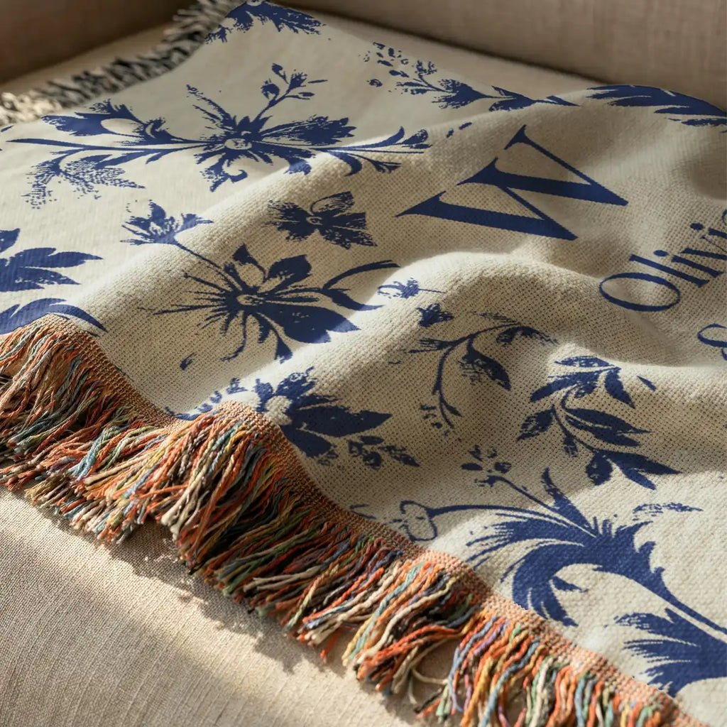 Personalized scenic toile woven blanket with monogram shown in a styled room setting