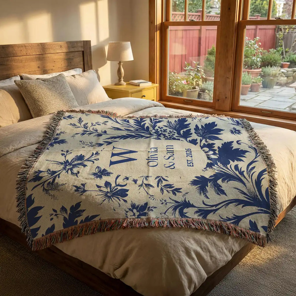 Personalized scenic toile woven blanket with monogram shown in a styled room setting