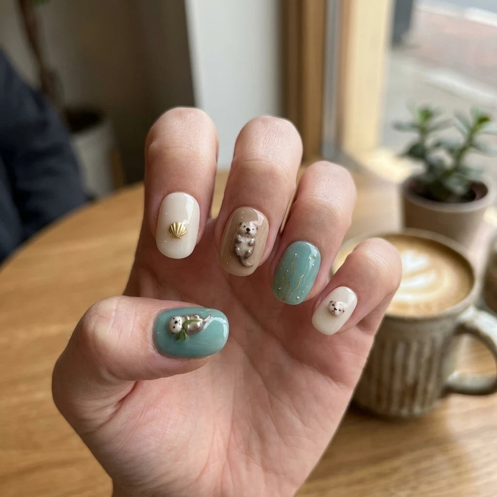 sea blue taupe brown 3d press on nails ocean sea otter shell glitter detail 03