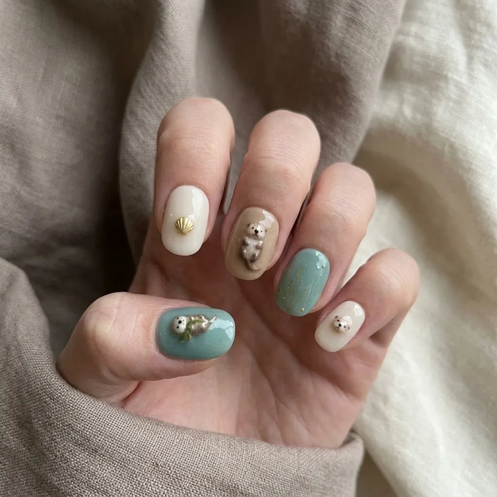 sea blue taupe brown 3d press on nails ocean sea otter shell glitter flat lay 04