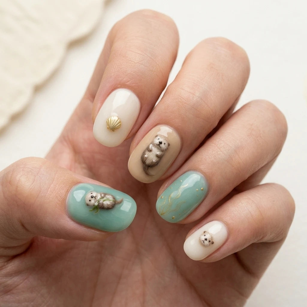 sea blue taupe brown 3d press on nails ocean sea otter shell glitter lifestyle 02