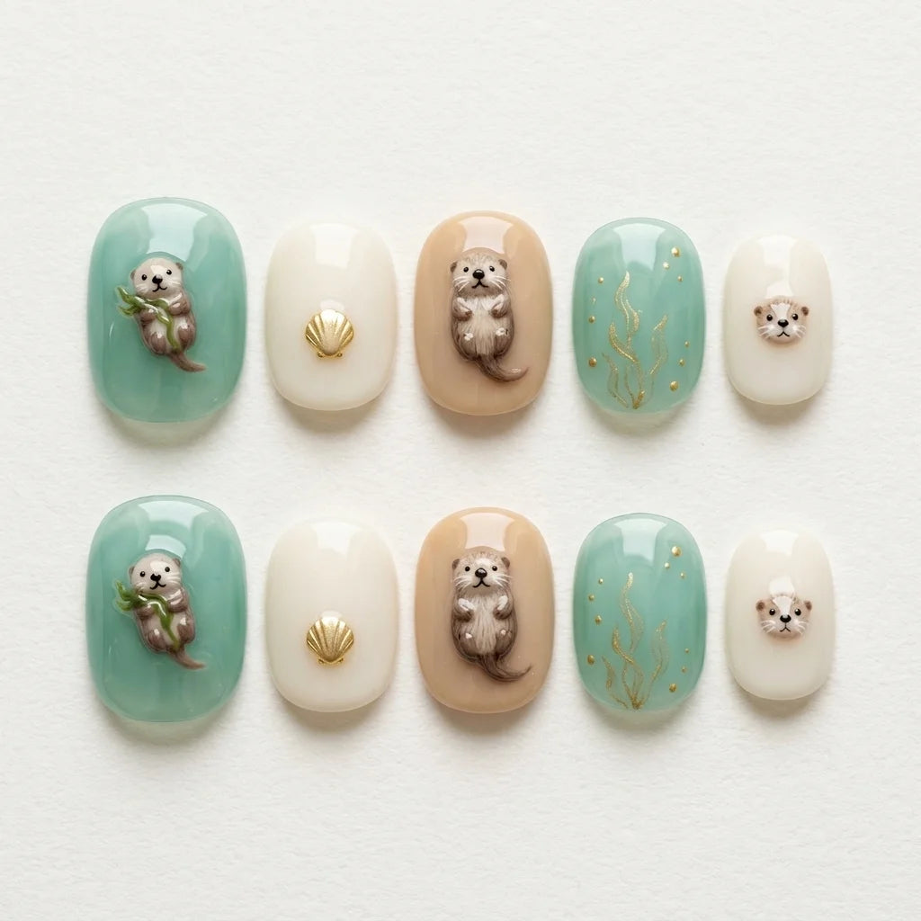 sea blue taupe brown 3d press on nails ocean sea otter shell glitter lifestyle 03