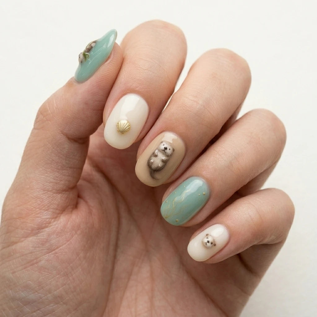 sea blue taupe brown 3d press on nails ocean sea otter shell glitter mockup 01