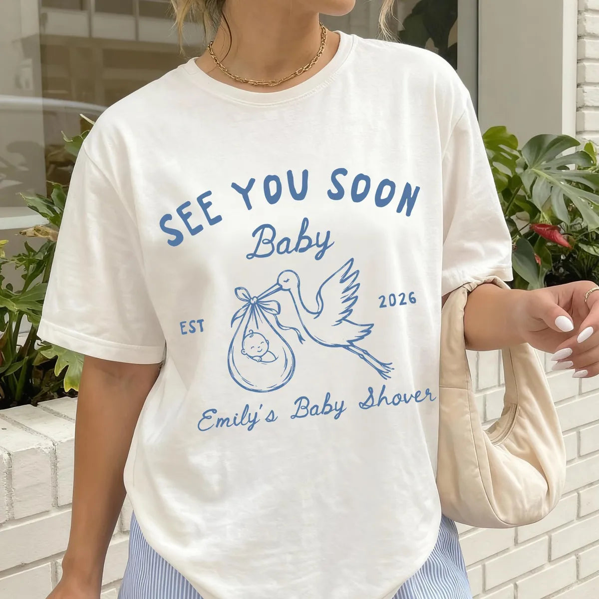 See You Soon Baby graphic Comfort Colors T-shirt in White, main product photograph.