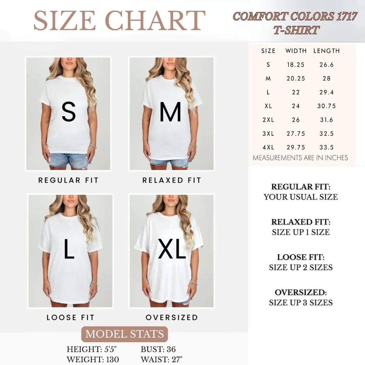 Comfort Colors 1717 T-shirt sizing chart with adult garment measurements.