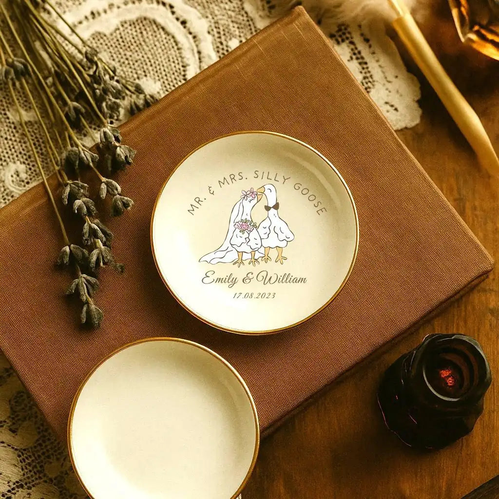Silly Goose Bride & Groom Ring Dish, Funny Ceramic Ring Holder, Heart or Round Dish, Custom Wedding Gift, Ships Next Day, Bri