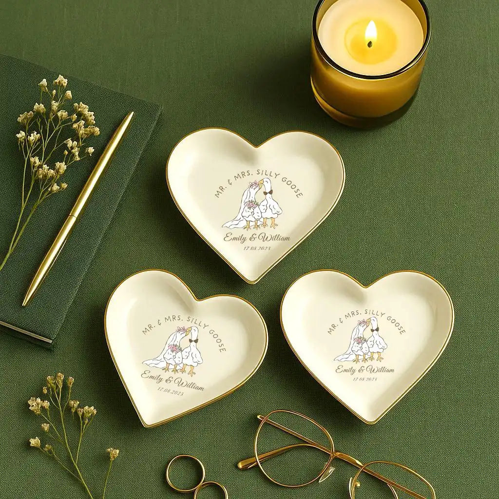 Silly Goose Bride & Groom Ring Dish, Funny Ceramic Ring Holder, Heart or Round Dish, Custom Wedding Gift, Ships Next Day, Bri