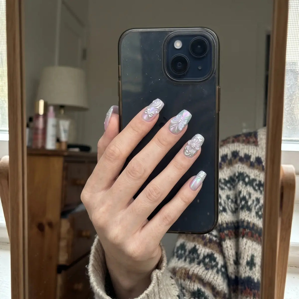 silver chrome 3d square press on nails butterfly floral detail 03