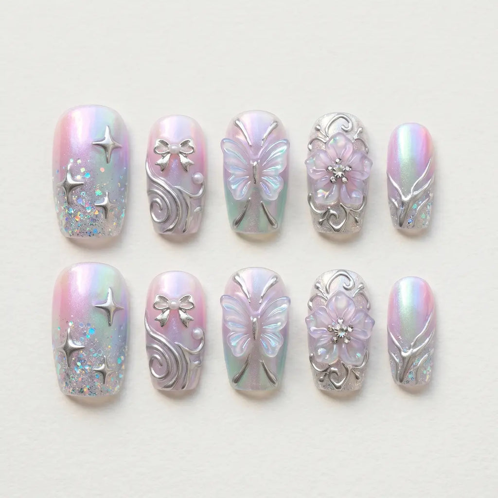 silver chrome 3d square press on nails butterfly floral mockup 01