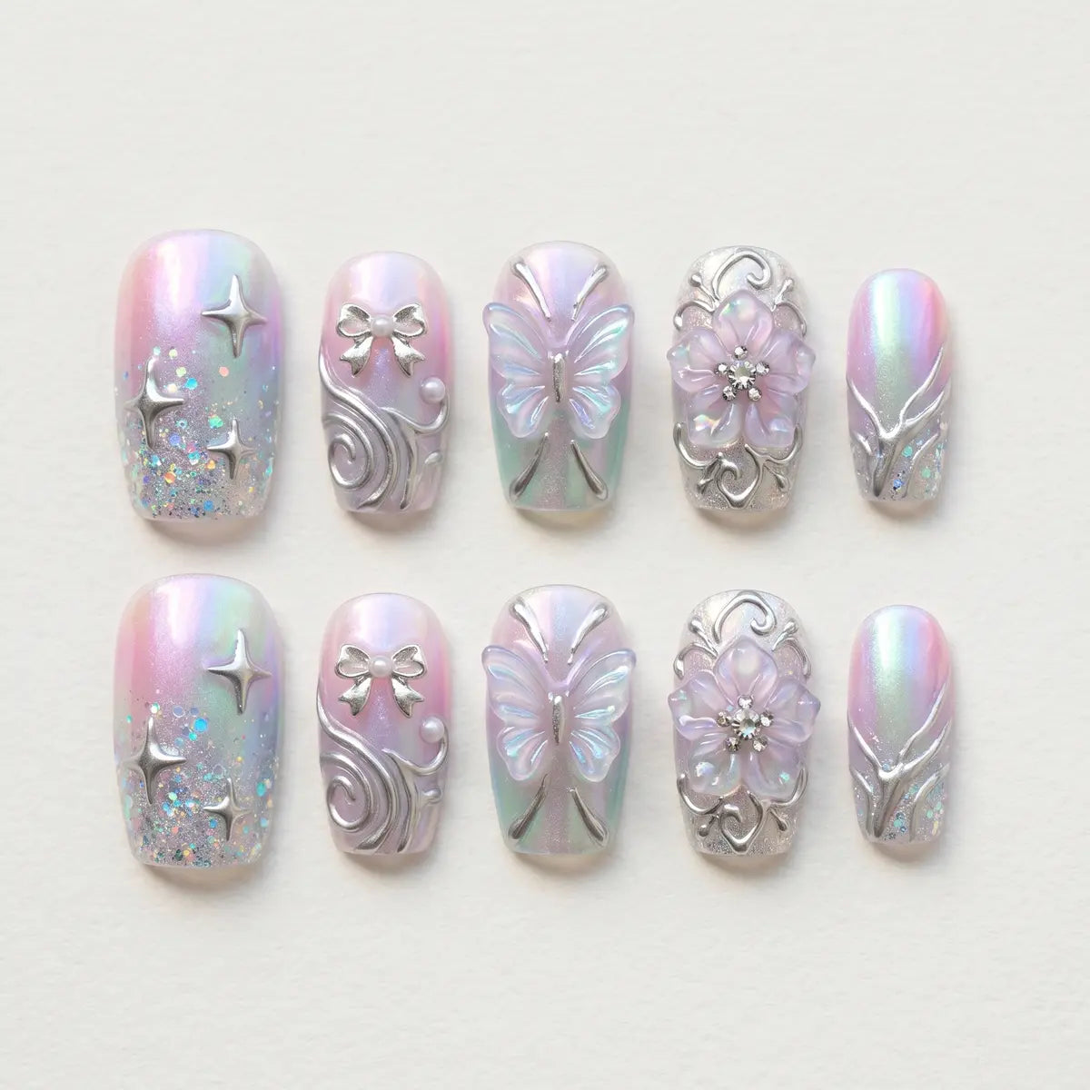 silver chrome 3d square press on nails butterfly floral mockup 01