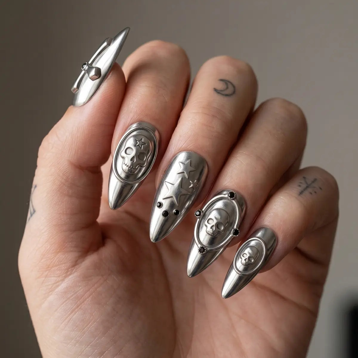 silver chrome 3d stiletto long press on nails skull cross star lifestyle 02