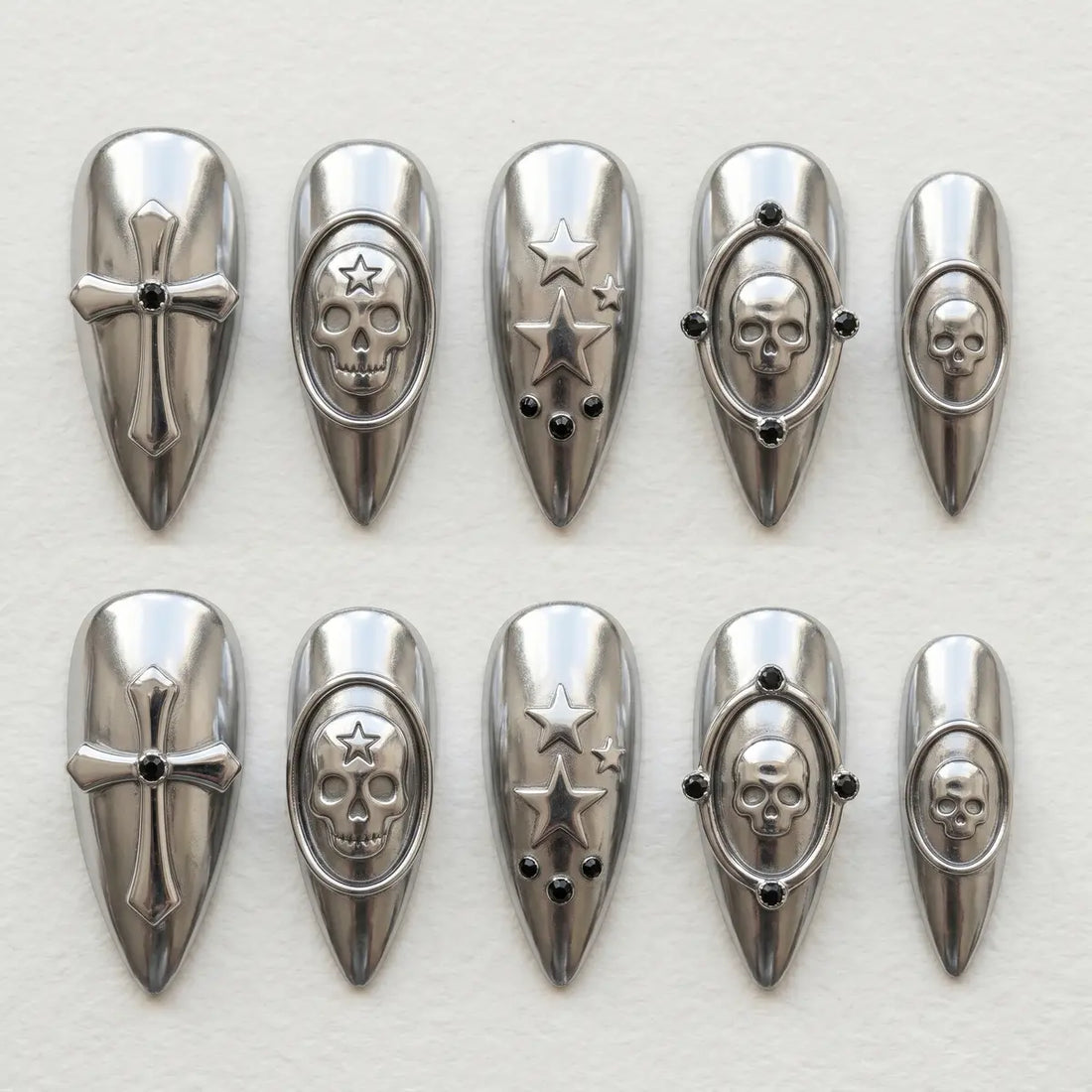 silver chrome 3d stiletto long press on nails skull cross star lifestyle 02