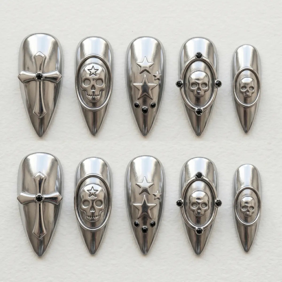 silver chrome 3d stiletto long press on nails skull cross star mockup 01